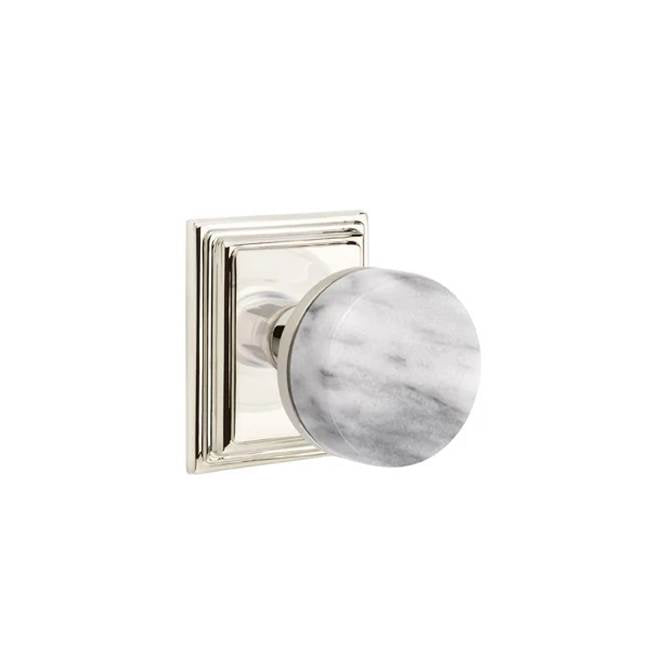 Emtek - Concealed Fastener Privacy, Wilshire Rosette US14, Conical Stem US14, White Marble Knob - Polished Nickel