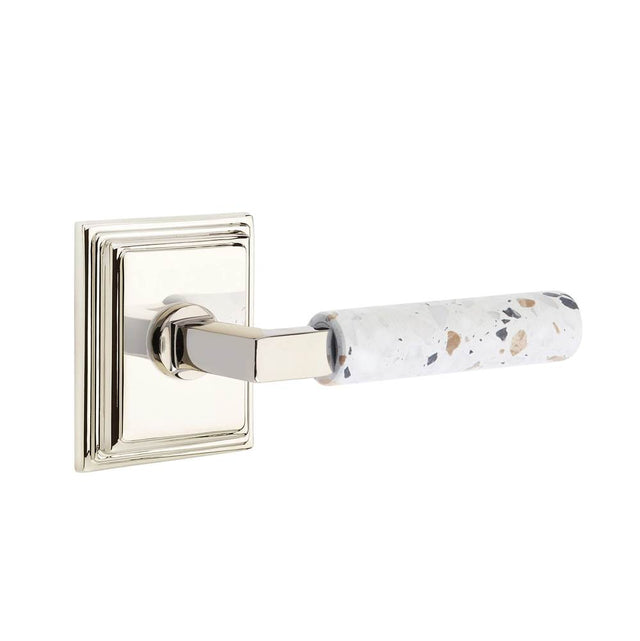 Emtek - Select Passage, Wilshire Rosette US14, L-Square Stem US14, Light Terrazzo Handle, RH - Polished Nickel