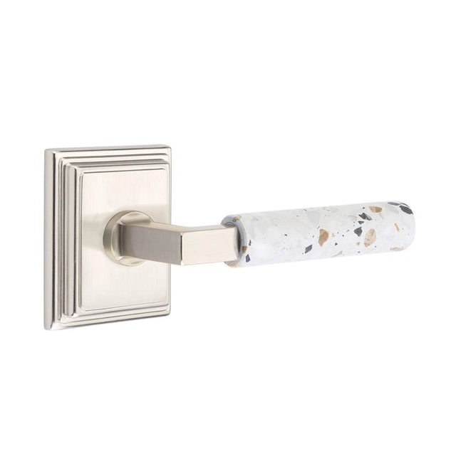 Emtek - Select Privacy, Wilshire Rosette US15, L-Square Stem US15, Light Terrazzo Handle, LH - Satin Nickel