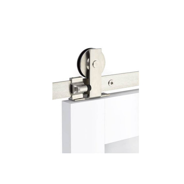 Emtek - Barn Door, Modern Rectangular, Top Mount, 13'', Spoked Wheel, Flat Fastener, SS, Double Door - Brushed Stainless Steel