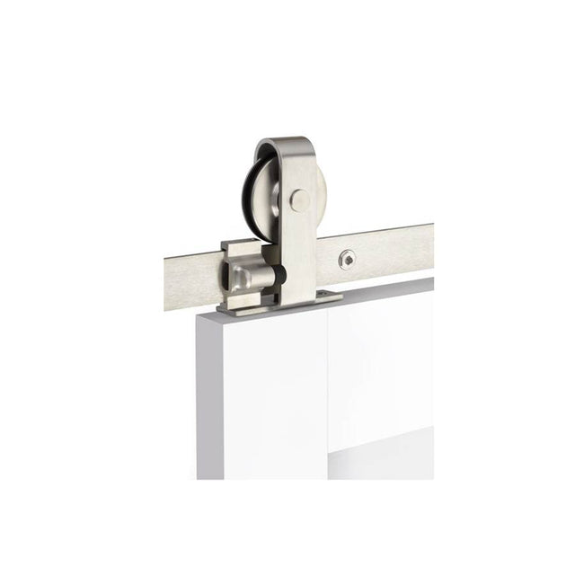 Emtek - Barn Door, Classic, Top Mount, 16'', Solid Wheel, Classic Fastener, SS, Double Door - Brushed Stainless Steel