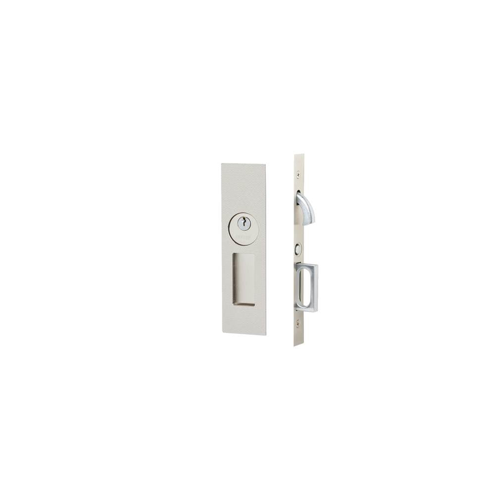 Emtek - Keyed, Knurled Narrow Modern Rectangular Pocket Door Mortise Lock, US15 - Satin Nickel