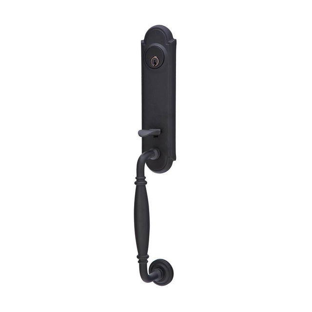 Emtek - Sgl Cyl, Monolithic with Normandy Grip Tub Ent, Jamestown Knob, FBS - Flat Black Steel