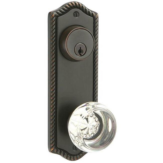 Emtek - Passage Single Keyed, Sideplate Locksets Rope 3-5/8, Modern Disc Crystal Knob, US3NL - Unlacquered Brass