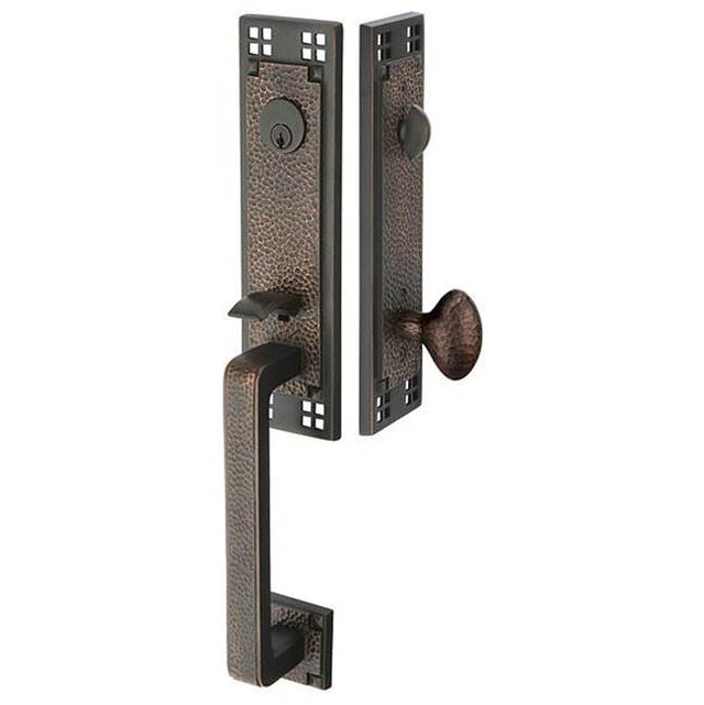 Emtek - Sgl Cyl, Arts and Crafts Tub Ent, Santa Fe Lever, LH, US3NL - Unlacquered Brass