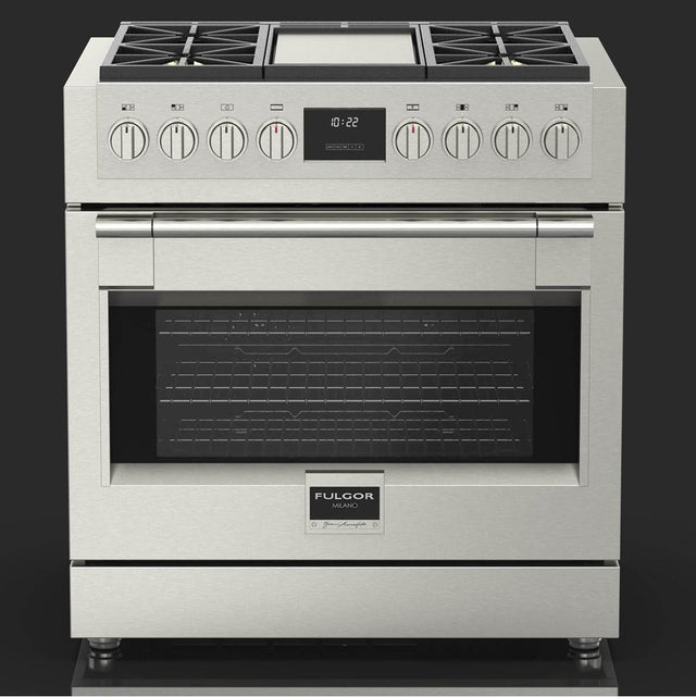 Fulgor Milano - 36'' 600 Sofia Pro Series Freestanding Stainless Steel 4 Burner And Griddle Gas Range With Electronic Oven Control - I.E. 4 All Brass Top Gas Burners + Trilaminate Griddle + Soft-Closing Door Device Electronic Thermostat - Stainless Steel