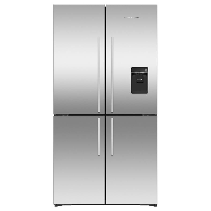 Fisher & Paykel - 36'' Quad Door Refrigerator Freezer, Stainless Steel, 19.0 cu ft, Ice & Exteranl Water, Counter Depth, Contemporary Square Handle - Stainless Steel