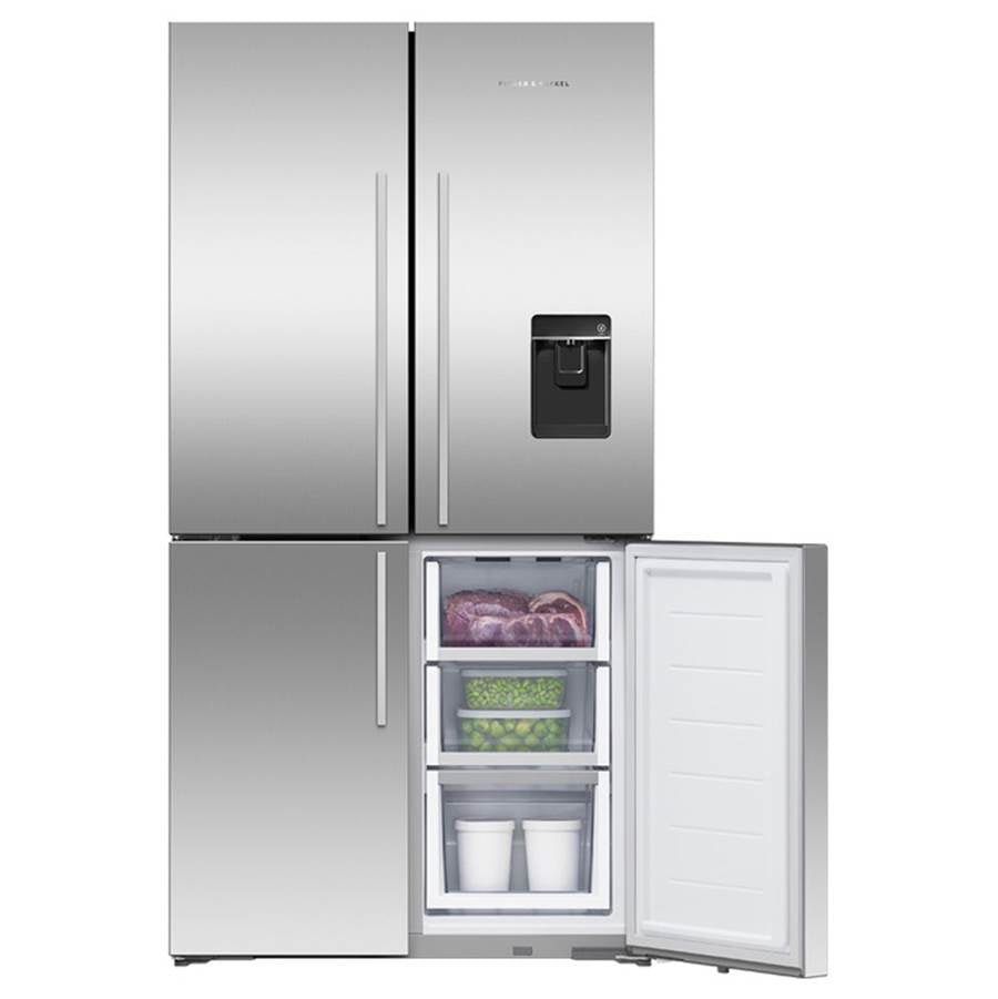 36'' Quad Door Refrigerator Freezer, Stainless Steel, 19.0 cu ft, Ice & Exteranl Water, Counter Depth, Contemporary Square Handle