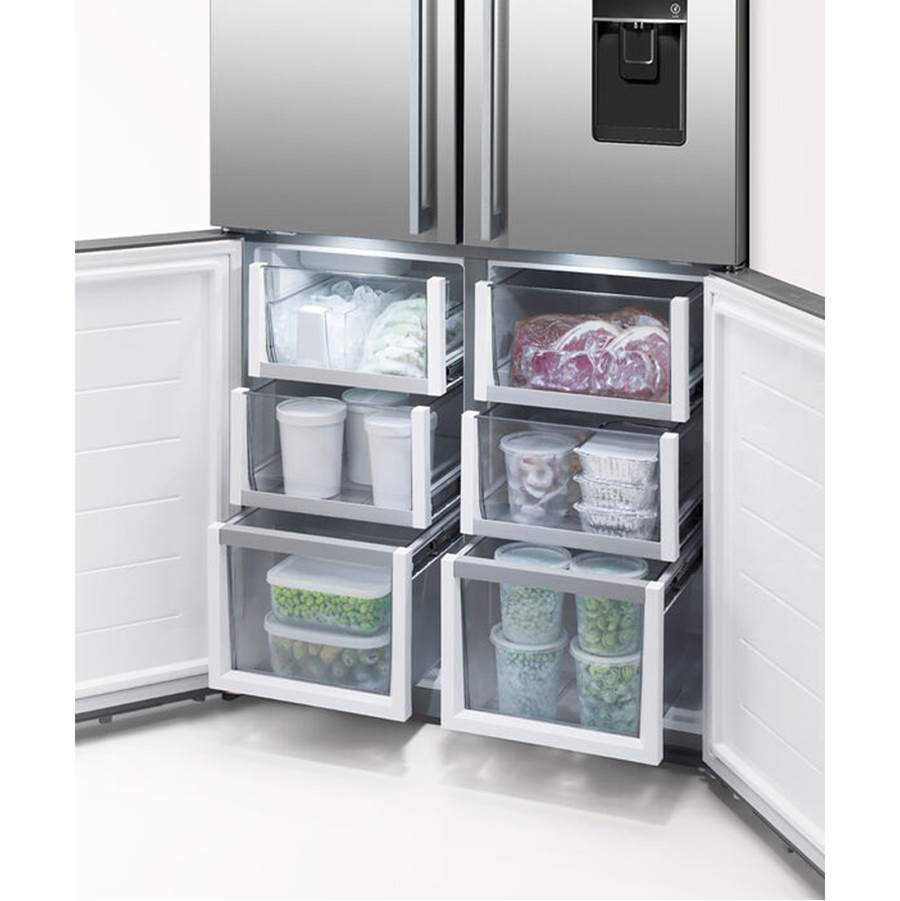 36'' Quad Door Refrigerator Freezer, Stainless Steel, 19.0 cu ft, Ice & Exteranl Water, Counter Depth, Contemporary Square Handle
