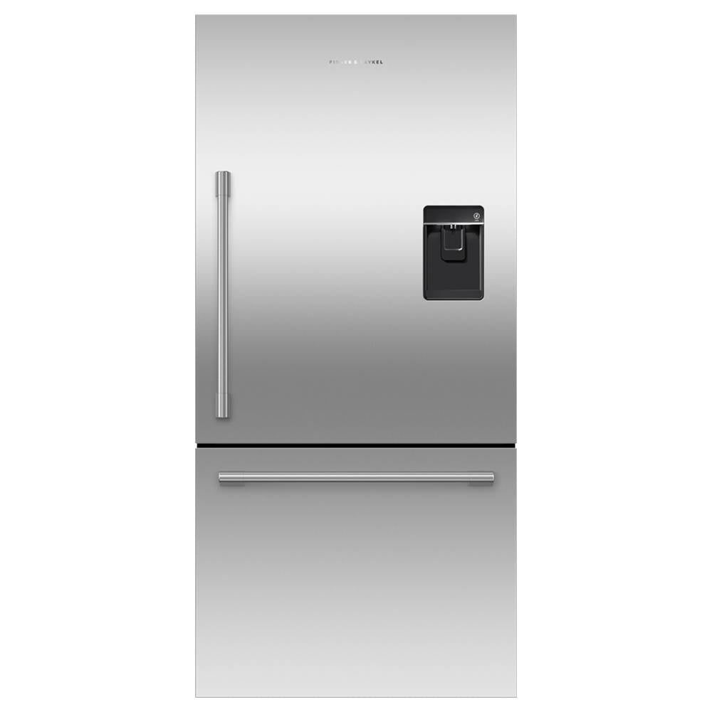 Fisher & Paykel - 32'' Bottom Mount Refrigerator Freezer, Stainless Steel, 17.1 cu ft, Ice & External Water, Counter Depth, Right Hinge, Professional Round Flush Handle