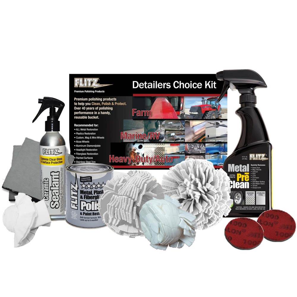 Flitz - 1-Each: 2'', 3'', 5'' And 7'' Buffball, 2Lb/Qt Polish,16Oz Metal Preclean, 8Oz Sealant, 2 Abrasive Discs (1000 Grit), 2-Microfiber Cloths(Bulk)