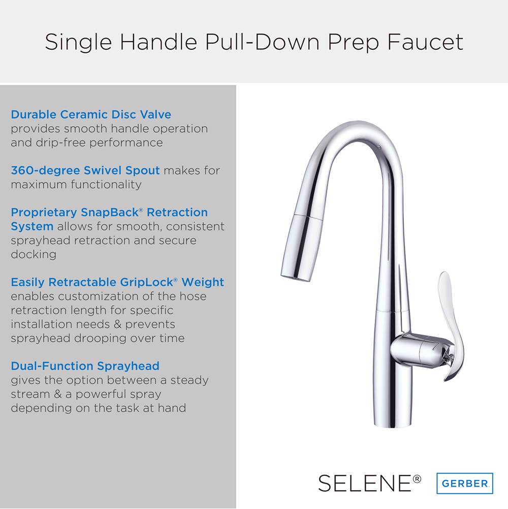 Selene 1H Pull-Down Prep Faucet w/ Snapback 1.75gpm Chrome