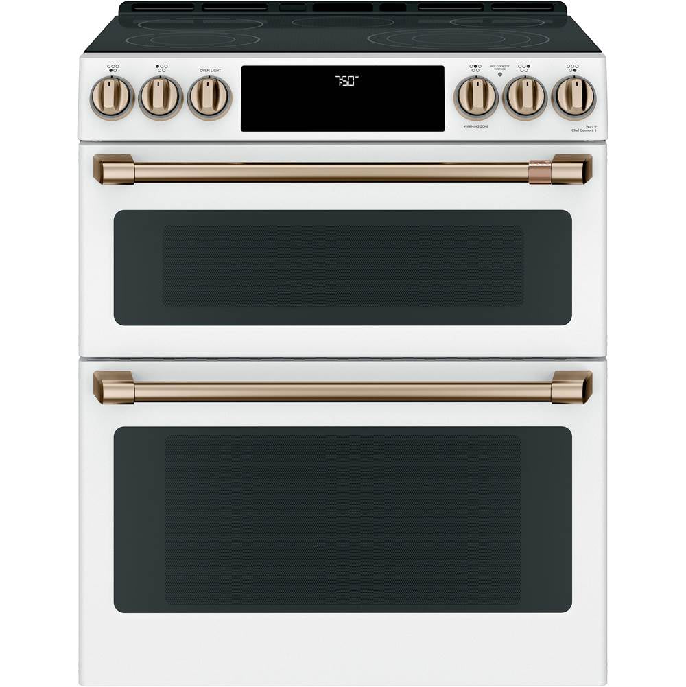 Cafe - Cafe 30'' Smart Slide-In, Front-Control, Radiant and Convection Double-Oven Range - Matte White