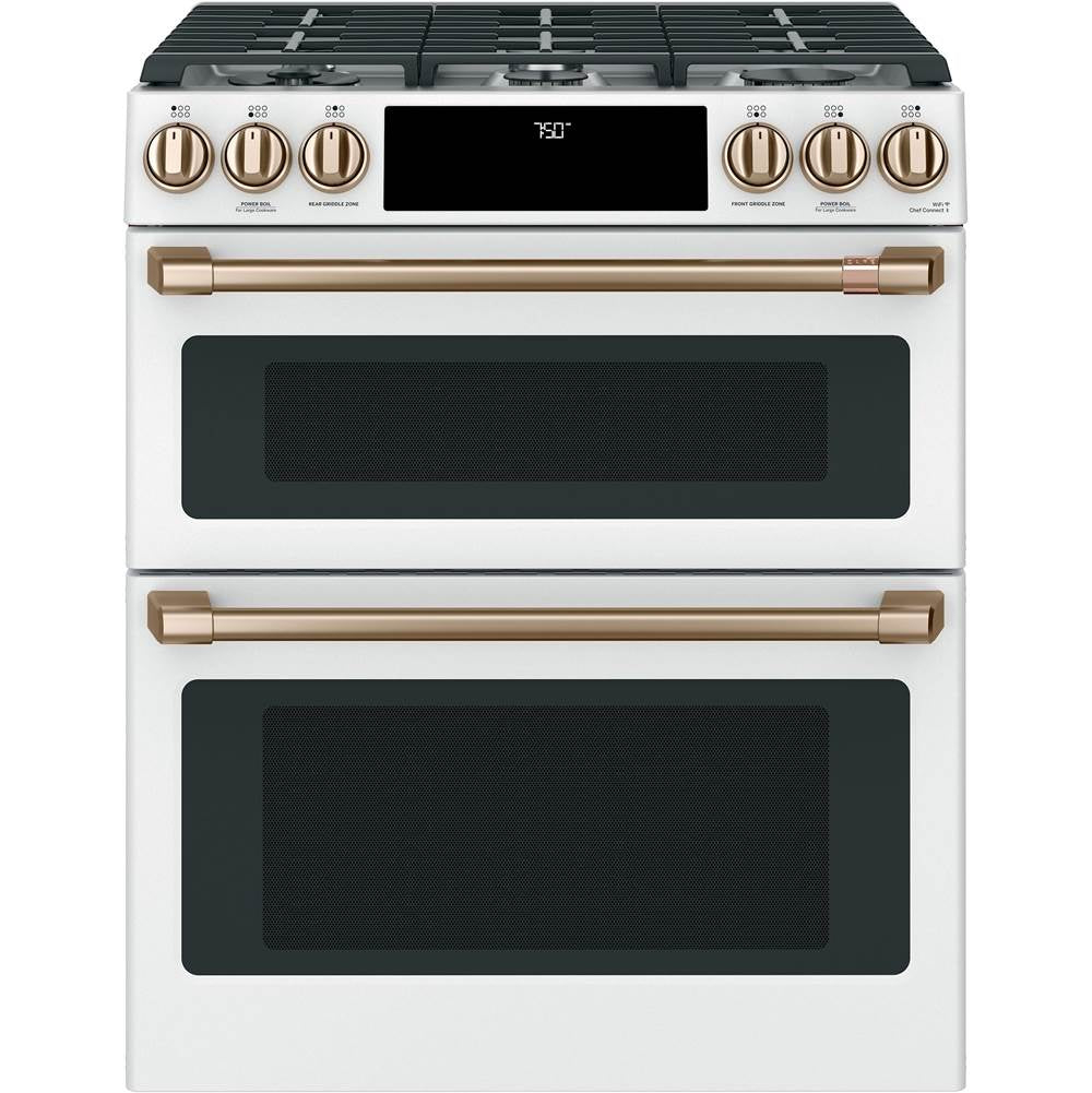 Cafe - Cafe 30'' Smart Slide-In, Front-Control, Gas Double-Oven Range with Convection - Matte White