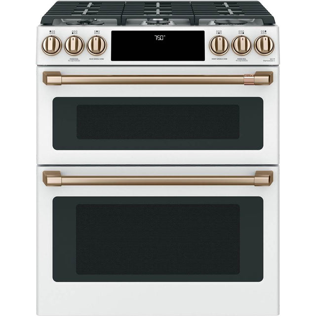 Cafe - Cafe 30'' Smart Slide-In, Front-Control, Gas Double-Oven Range with Convection - Matte White