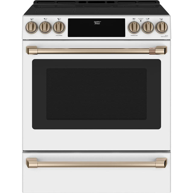 Cafe - Cafe 30'' Smart Slide-In, Front-Control, Induction and Convection Range with Warming Drawer - Matte White