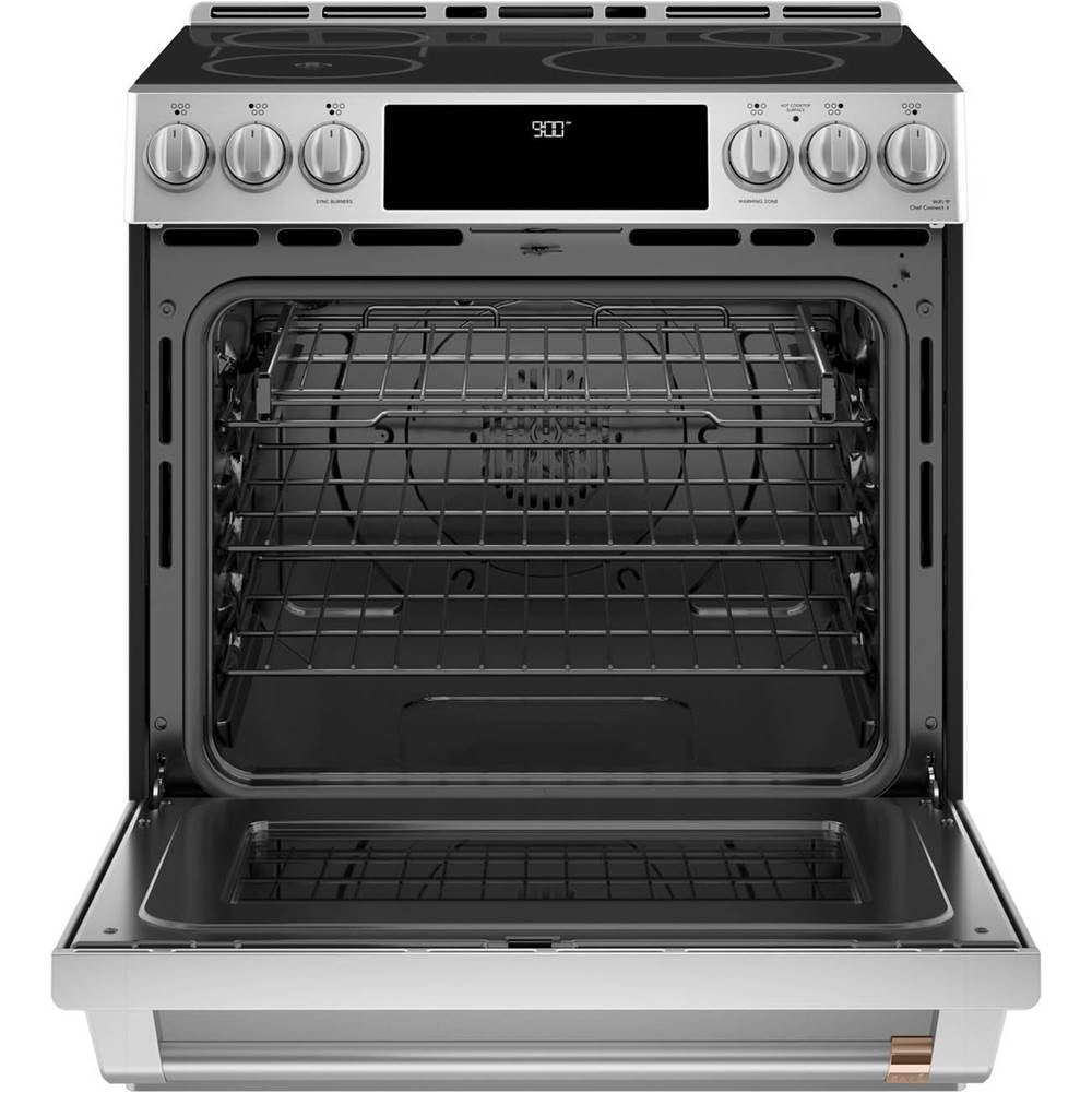 CafeE 30'' Smart Slide-In Front Control Induction and Convection Range with Warming Drawer