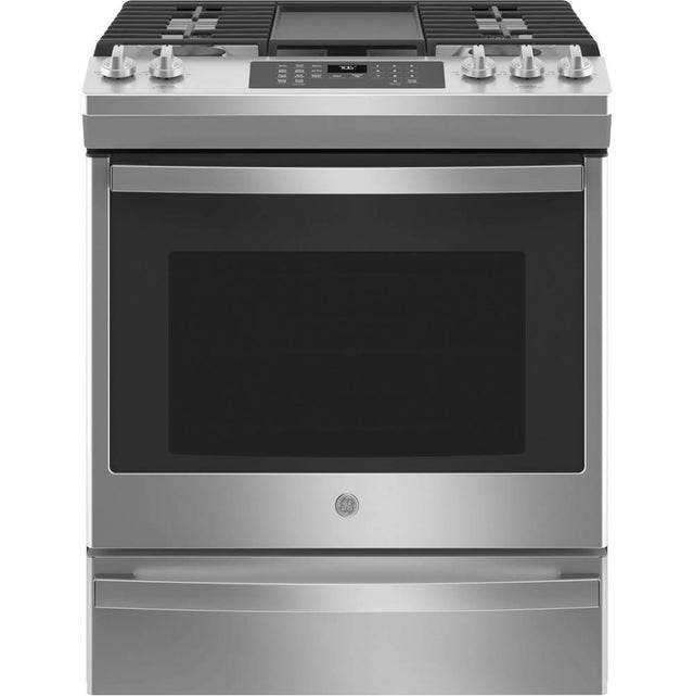 GE Appliances - 30'' Slide-In Front-Control Convection Gas Range with No Preheat Air Fry - Stainless Steel
