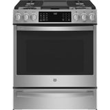 GE Profile Series - 30'' Smart Dual Fuel Slide-In Front-Control Fingerprint Resistant Range - Stainless Steel