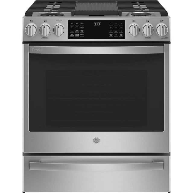 GE Profile Series - 30'' Smart Dual Fuel Slide-In Front-Control Fingerprint Resistant Range - Stainless Steel
