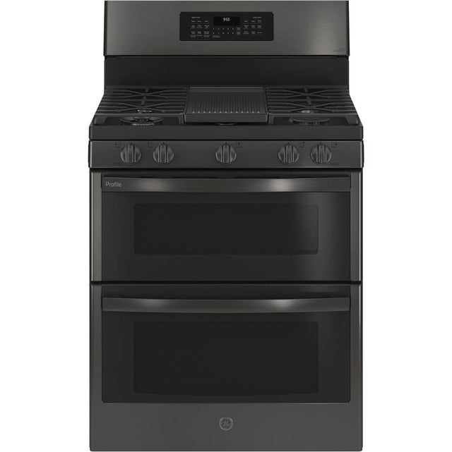 GE Profile Series - 30'' Free-Standing Gas Double Oven Convection Range With No Preheat Air Fry - Black Stainless