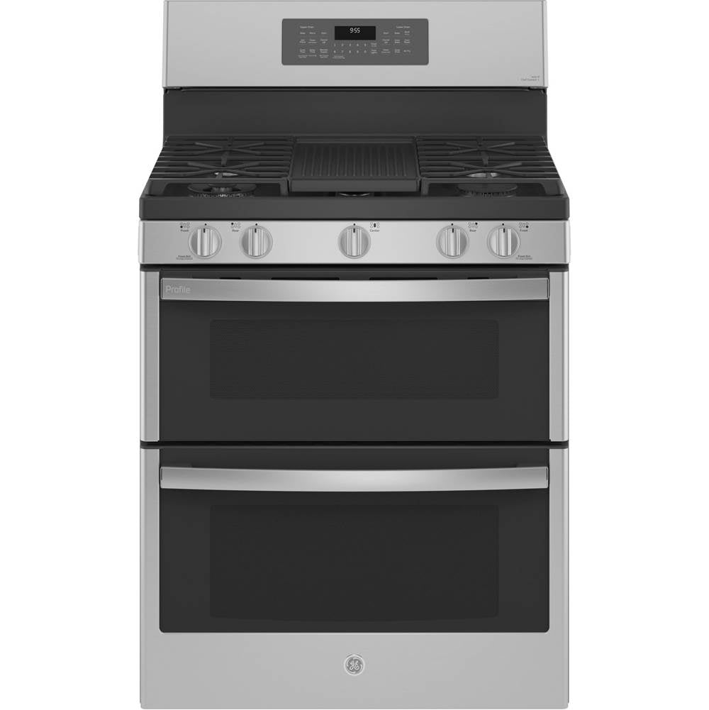 GE Profile Series - 30'' Free-Standing Gas Double Oven Convection Fingerprint Resistant Range With No Preheat Air Fry - Stainless Steel