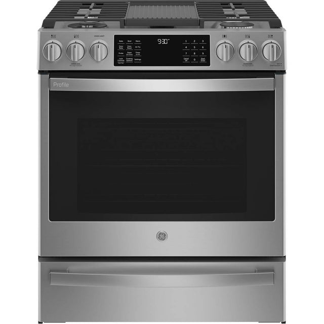 GE Profile Series - 30'' Smart Slide-In Front-Control Gas Fingerprint Resistant Range With No Preheat Air Fry - Stainless Steel