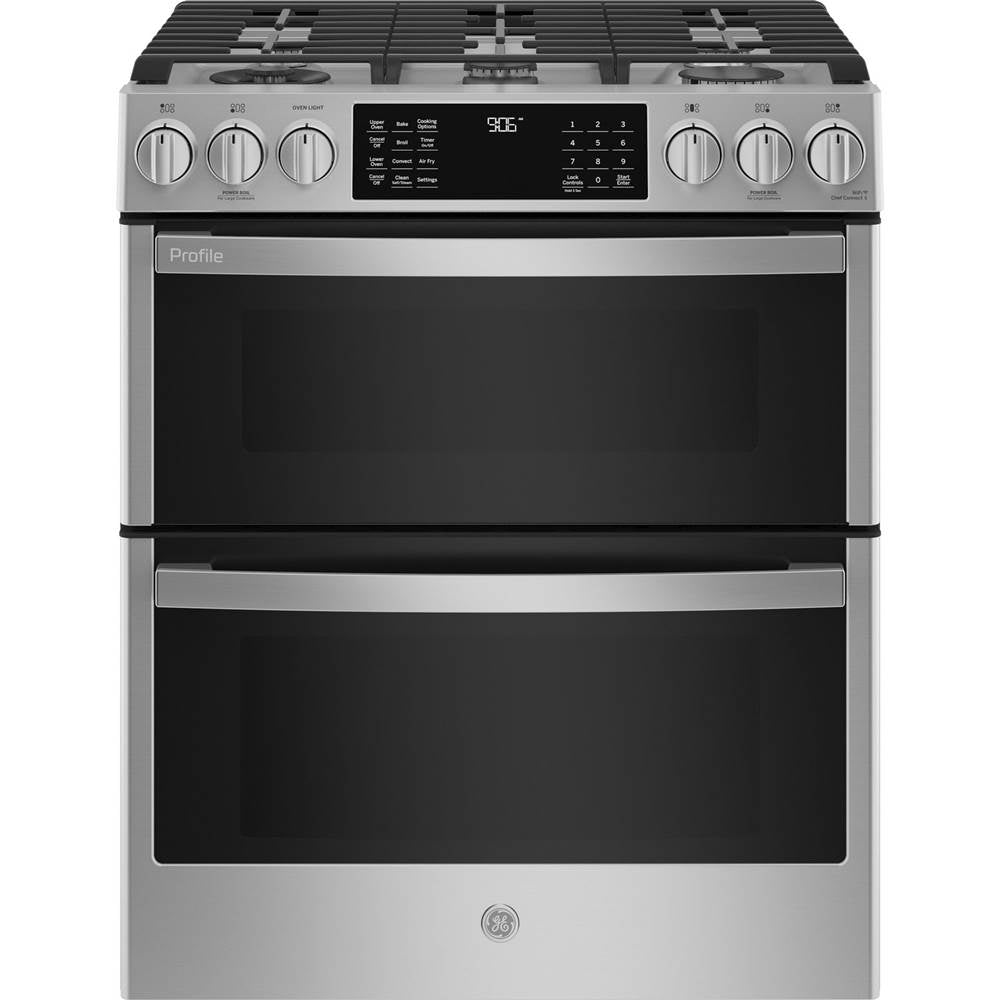 GE Profile Series - 30'' Smart Slide-In Front-Control Gas Double Oven Convection Fingerprint Resistant Range - Stainless Steel