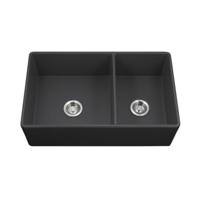 Hamat - Chelsea 33'' Apron-Front Fireclay 60/40 Double Bowl Kitchen Sink, Matte Black - Matte Black
