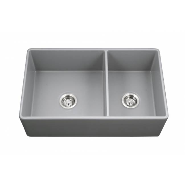Hamat - Chelsea 33'' Apron-Front Fireclay 60/40 Double Bowl Kitchen Sink, Matte Grey - Matte Grey