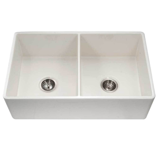 Hamat - Chelsea 33'' Apron-Front Fireclay Double Bowl Kitchen Sink, Biscuit - Biscuit