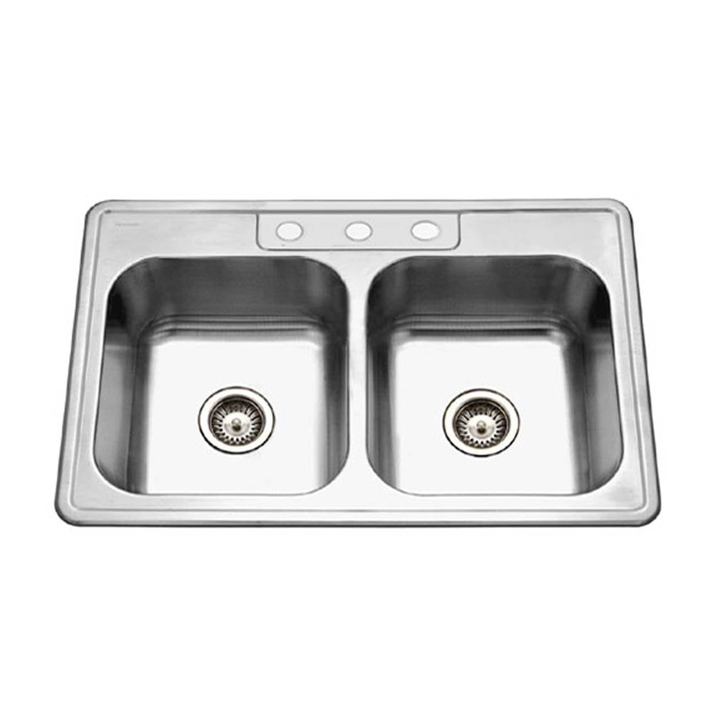 Hamat - Revive 33'' Topmount Stainless Steel 3-hole 50/50 Double Bowl Kitchen Sink, 8'' Depth, Bulk Pack - Stainless Steel