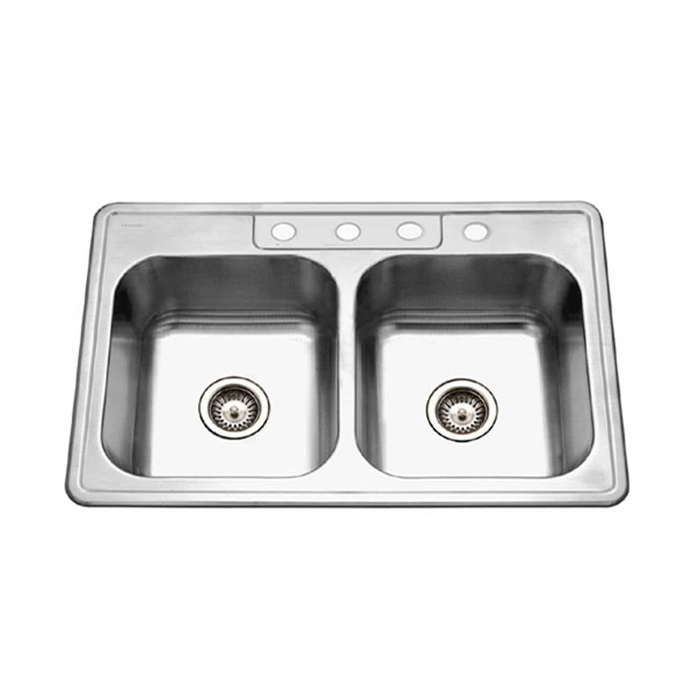 Hamat - Revive 33'' Topmount Stainless Steel 4-hole 50/50 Double Bowl Kitchen Sink, 8'' Depth - Stainless Steel