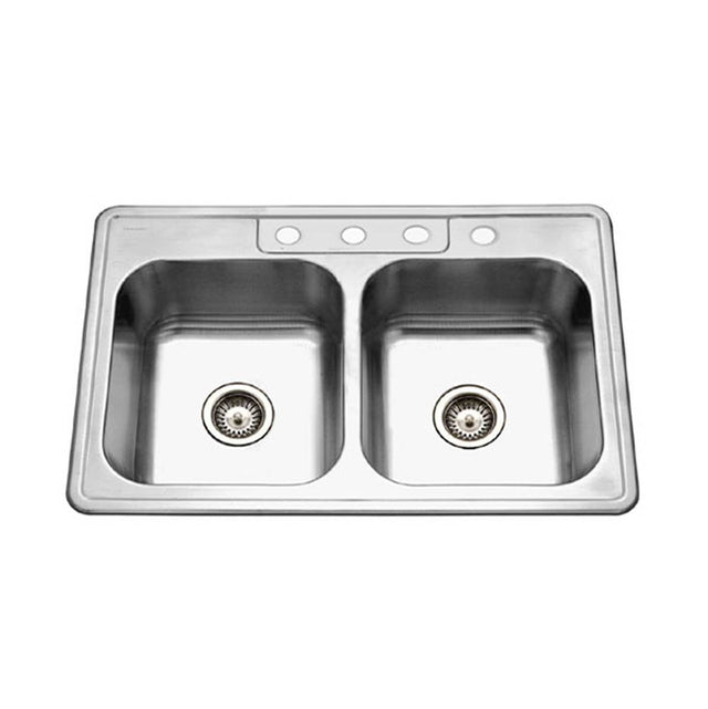 Hamat - Revive 33'' Topmount Stainless Steel 4-hole 50/50 Double Bowl Kitchen Sink, 8'' Depth - Stainless Steel
