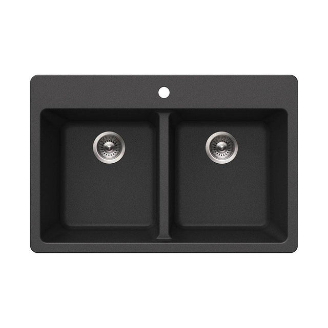 Hamat - SiOStone 33'' Granite Topmount 50/50 Double Bowl Kitchen Sink, Black - Black