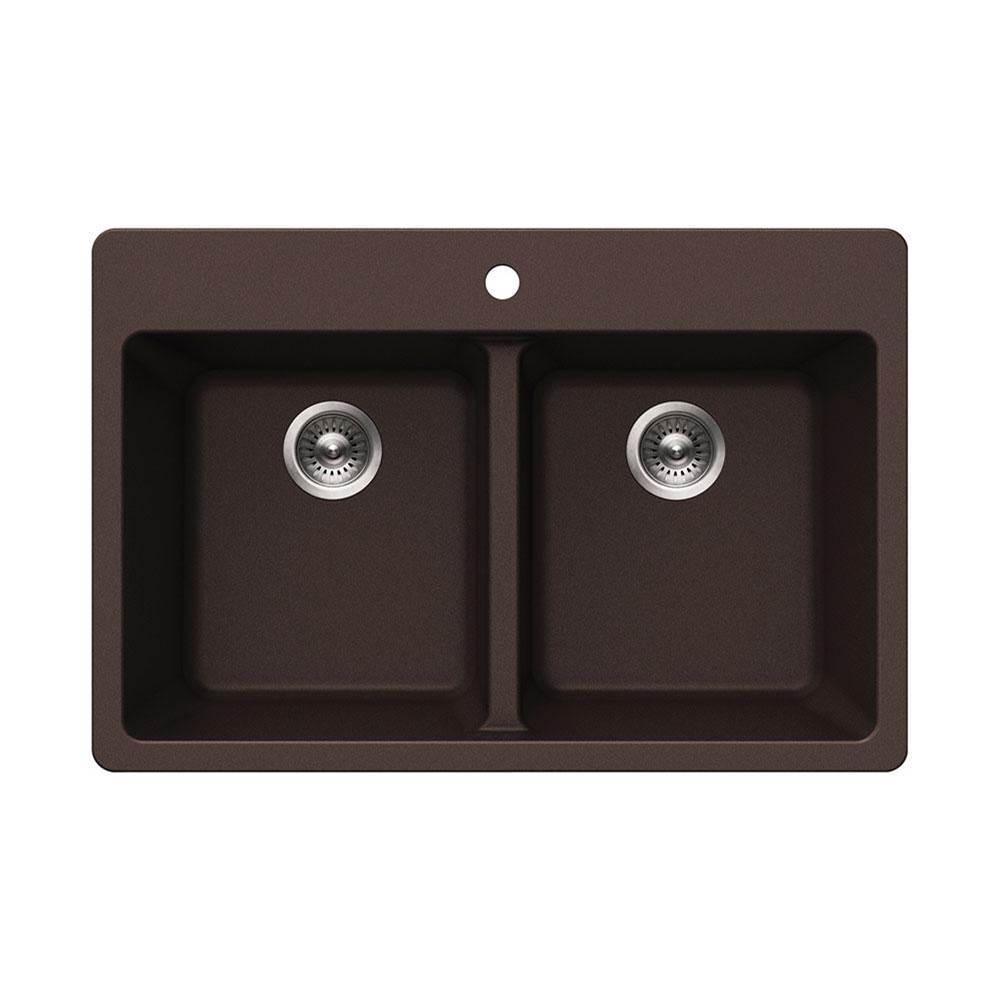 Hamat - SiOStone 33'' Granite Topmount 50/50 Double Bowl Kitchen Sink, Mocha - Mocha