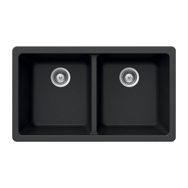Hamat - SiOStone 33'' Granite Undermount 50/50 Double Bowl Kitchen Sink, Black - Black