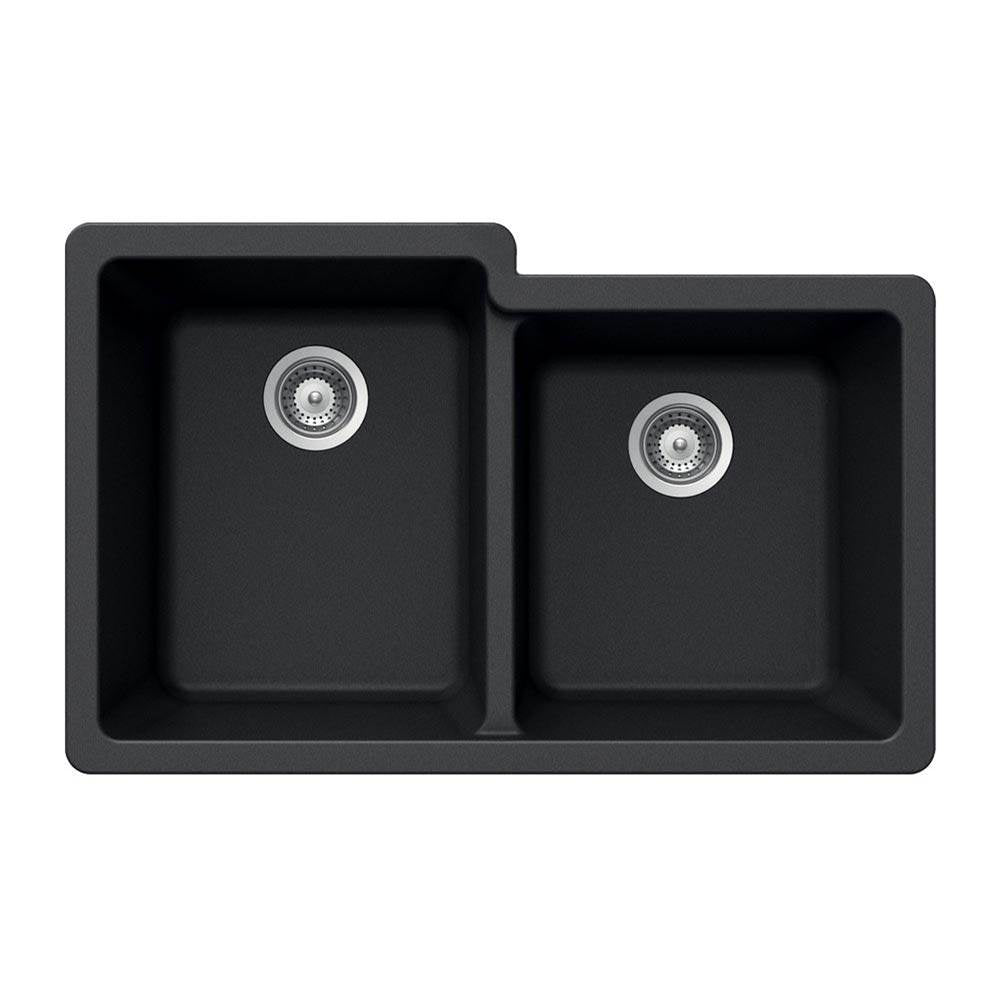 Hamat - SiOStone 33'' Granite Undermount 60/40 Double Bowl Kitchen Sink, Black - Black