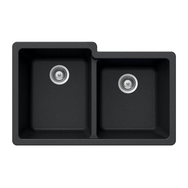 Hamat - SiOStone 33'' Granite Undermount 60/40 Double Bowl Kitchen Sink, Black - Black