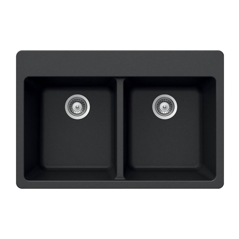 Hamat - SiOStone 33'' Granite Topmount 50/50 Double Bowl Kitchen Sink, Black - Black