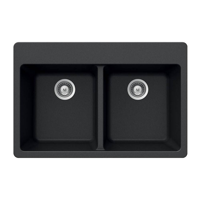 Hamat - SiOStone 33'' Granite Topmount 50/50 Double Bowl Kitchen Sink, Black - Black