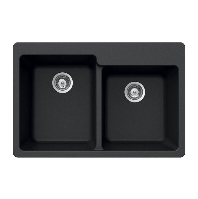 Hamat - SiOStone 33'' Granite Topmount 60/40 Double Bowl Kitchen Sink, Black - Sand