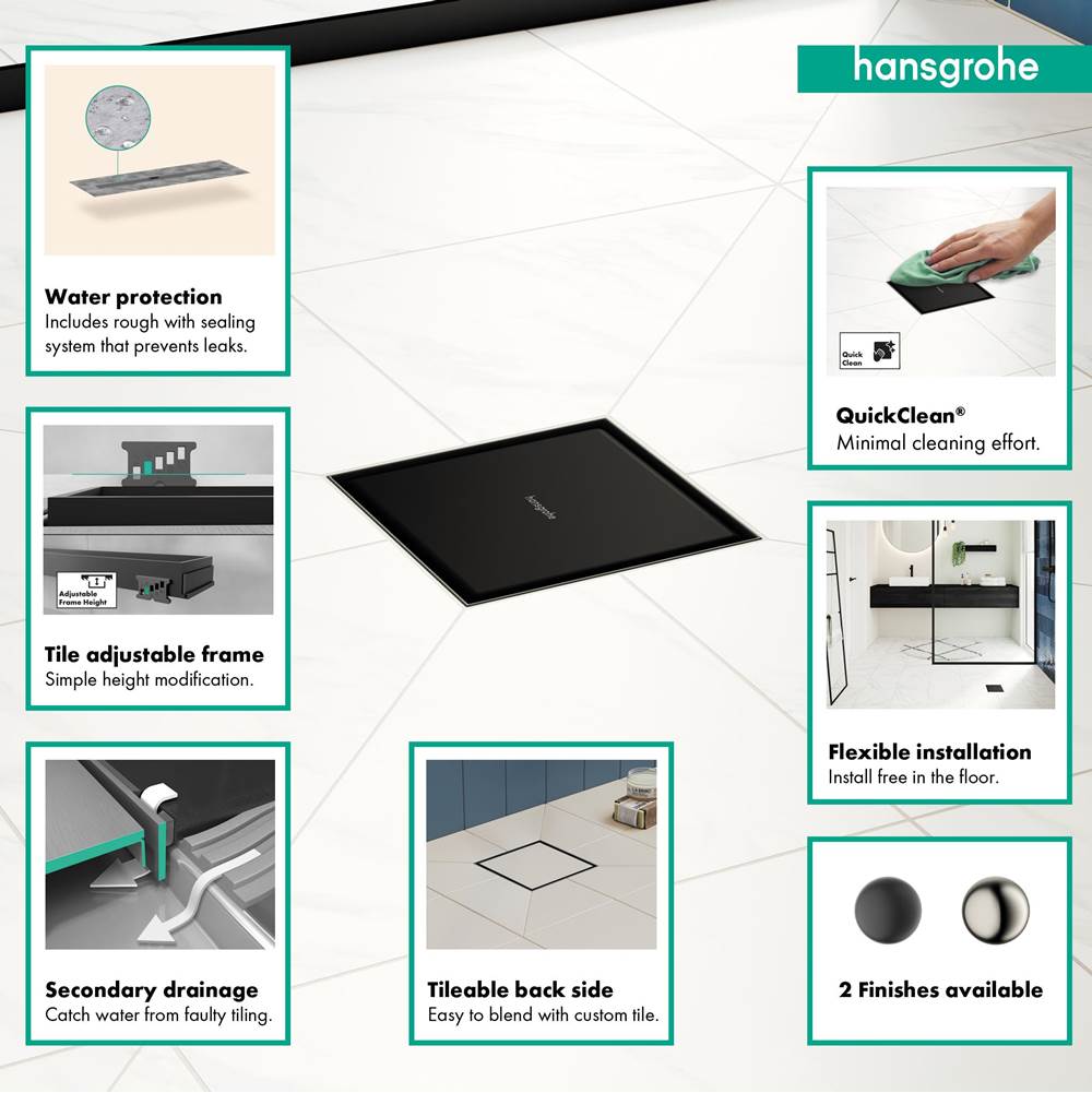 RainDrain Brilliance Point Drain Set 6''x 6'' Trim Tileable Rear Cover and Rough in Matte Black