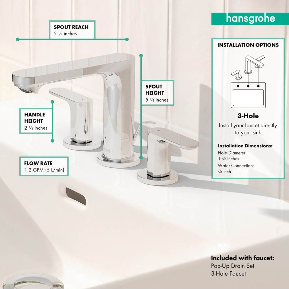 Rebris S Widespread Faucet 110 with Pop-Up Drain, 1.2 GPM in Chrome