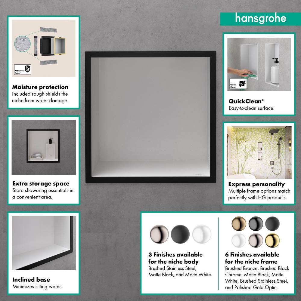 XtraStoris Individual Wall Niche Matte White with Design Frame 12''x 12''x 4''  in Brushed Bronze