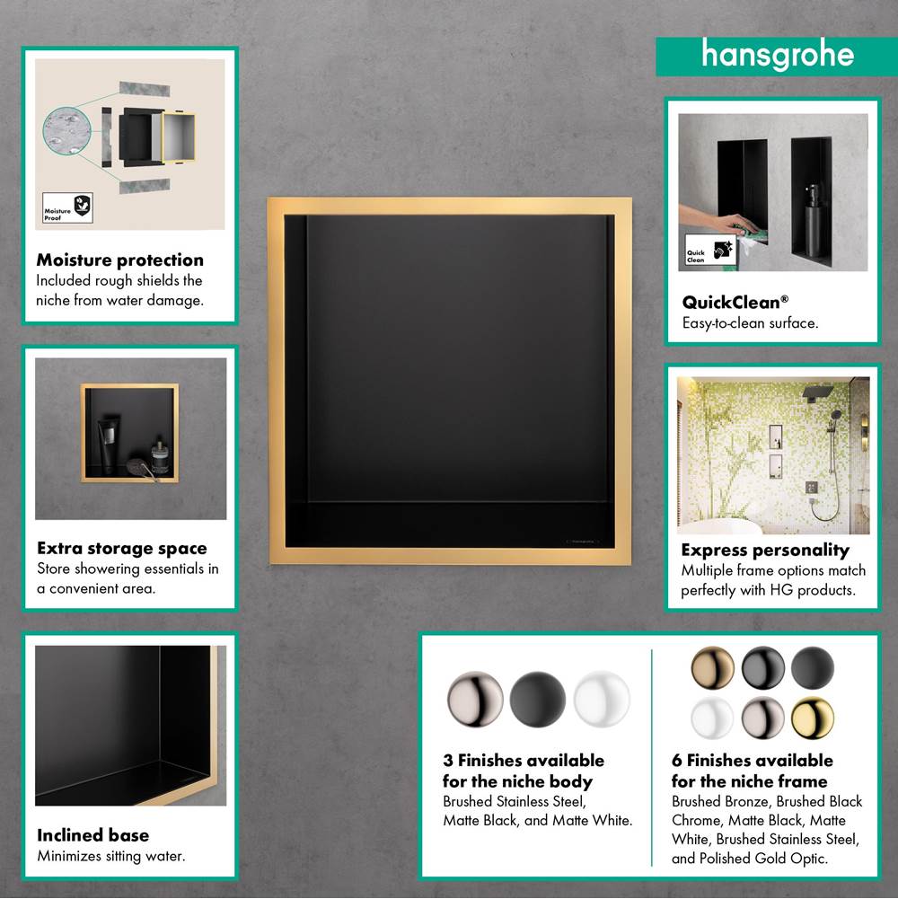 XtraStoris Individual Wall Niche Matte Black with Design Frame 12''x 12''x 4'' in Brushed Bronze