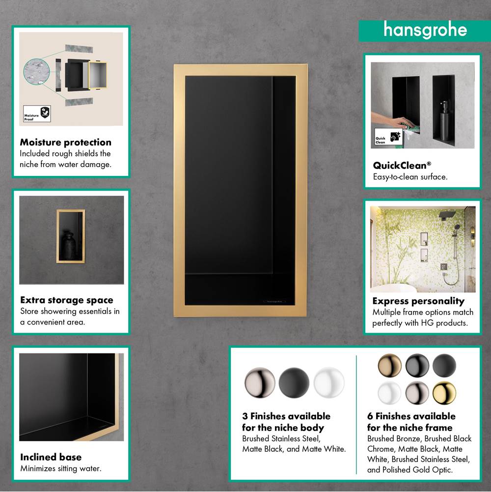 XtraStoris Individual Wall Niche Matte Black with Design Frame 12''x 6''x 4'' in Brushed Bronze
