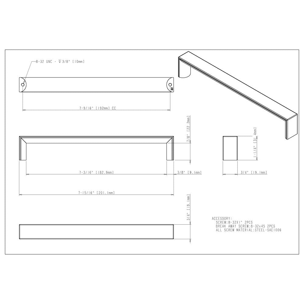 192 mm Center-to-Center Brushed Gold Walker 1 Cabinet Pull