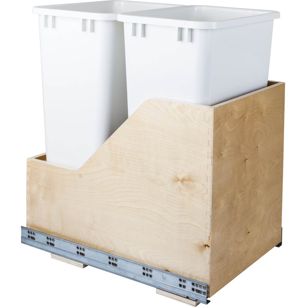 Hardware Resources - Double 50 Quart Wood Bottom-Mount Soft-close Trashcan Rollout for Hinged Doors, Includes White Cans - White