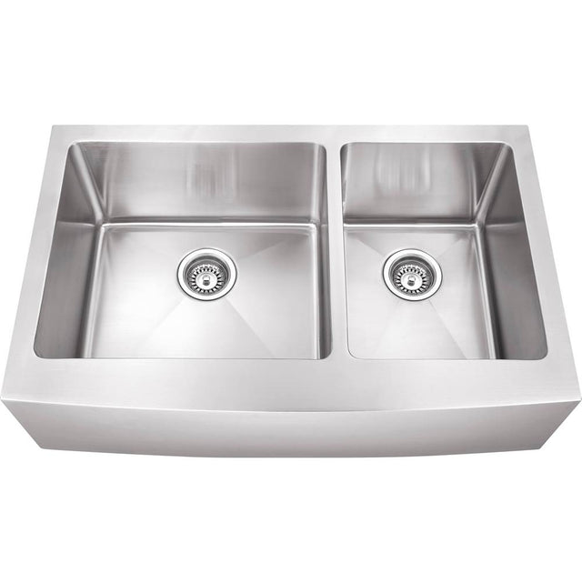 Hardware Resources - 35-7/8'' L x 20-3/4'' W x 10'' D Farmhouse/Apron Front 16 Gauge Stainless Steel 60/40 Double Bowl Sink - Stainless Steel